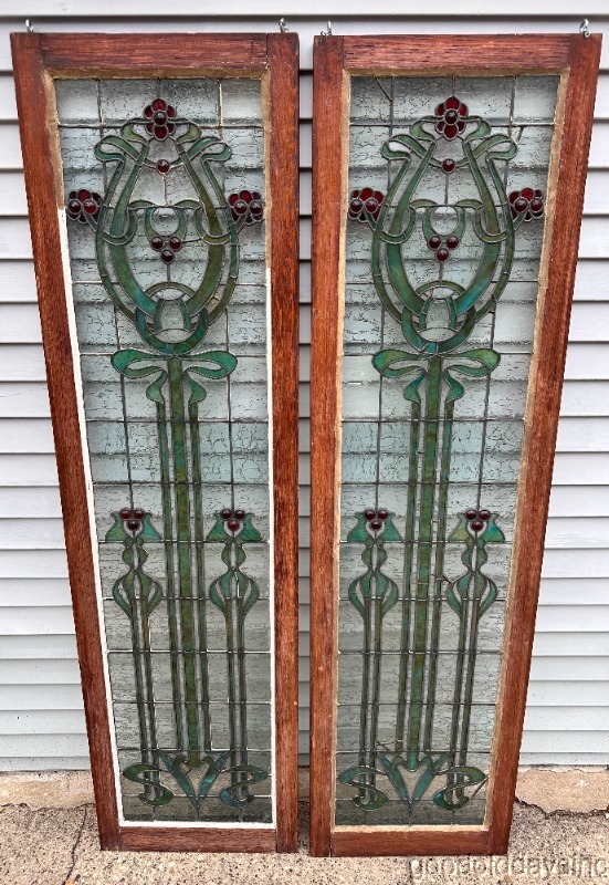 Wow Beautiful Pair of Art Nouveau Stained Leaded Glass Windows w/ Jewels