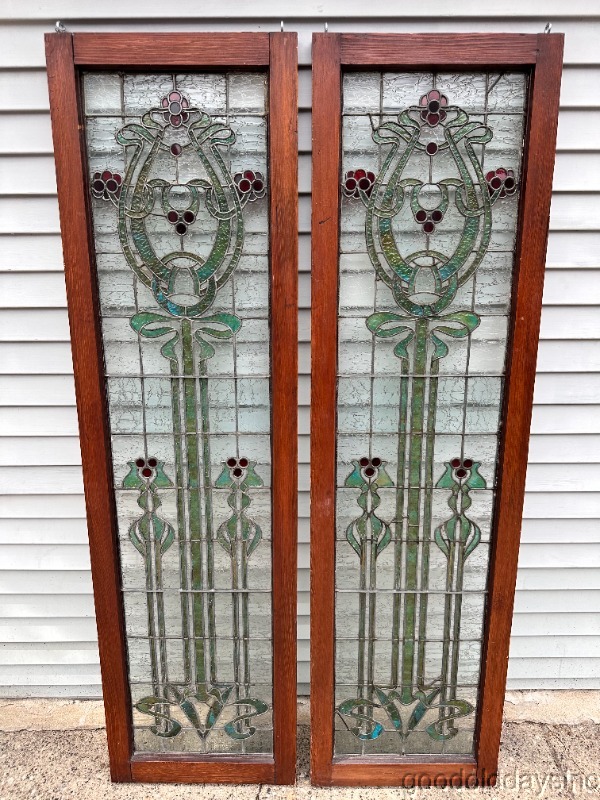 Wow Beautiful Pair of Art Nouveau Stained Leaded Glass Windows w/ Jewels