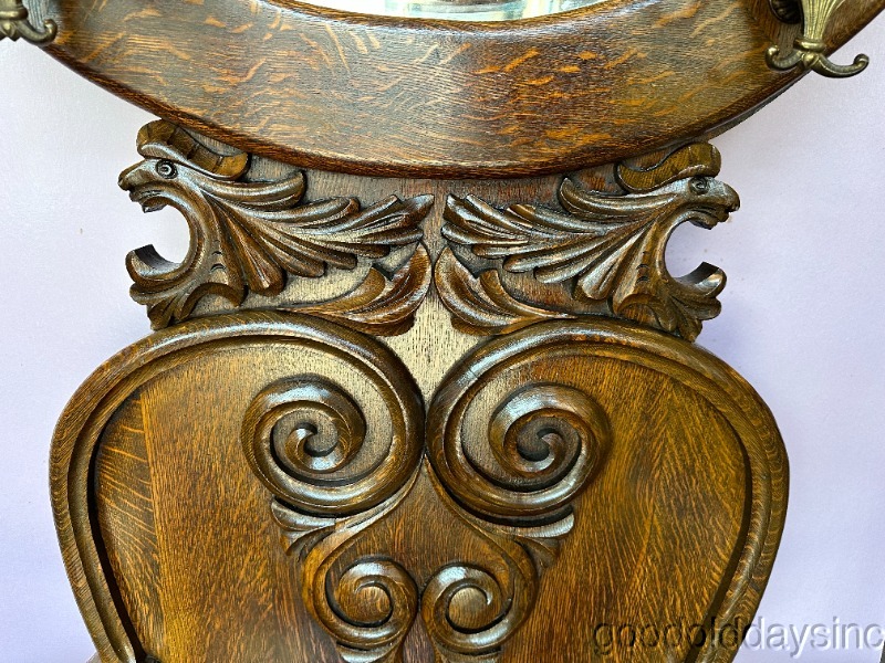 Antique Carved Oak Hall Tree Bench w/ Storage Coat Rack Hat Hook Throne