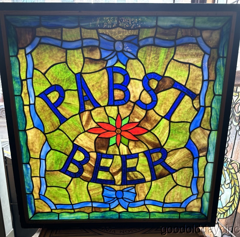 Vintage PBR Pabst Blue Ribbon Stained Glass Window Pabst Beer Sign Bar 26" x 26