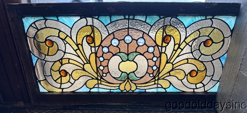 Antique Chicago Victorian-Stained Leaded Glass Transom Window w/ Jewels 44"x21"