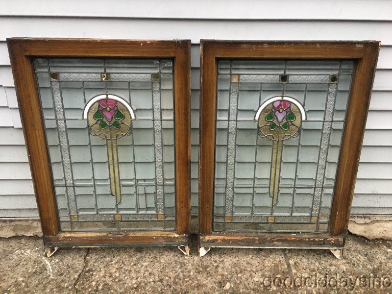 Wow The Finest Pair Antique Bungalow Style Stained Leaded Beveled Glass Windows