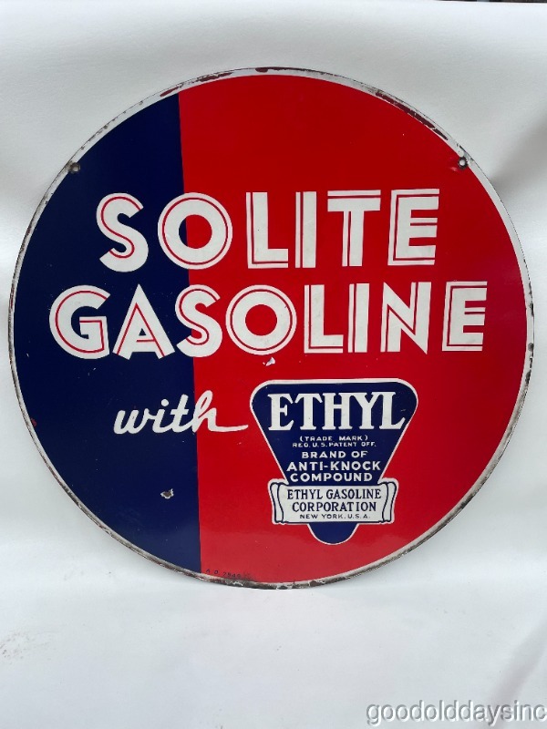 Original 30" Double-Sided Porcelain Solite Gasoline Sign