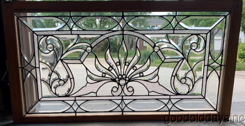 Beautiful Antique Leaded & Beveled Glass Transom Window w/ Jewels Circa 1900