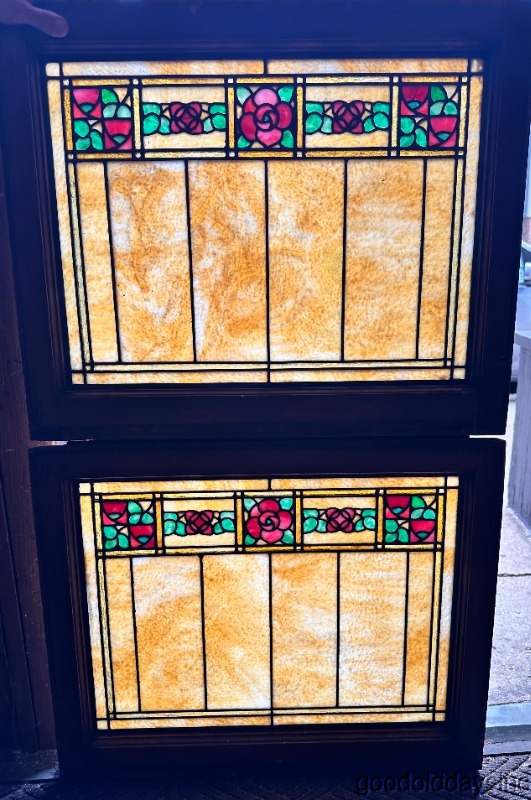 Wow Beautiful Pair of Antique Stained Leaded Glass Transom Windows 28"x23"