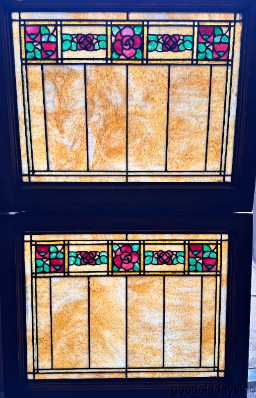 Wow Beautiful Pair of Antique Stained Leaded Glass Transom Windows 28"x23"
