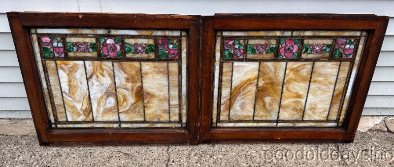 Wow Beautiful Pair of Antique Stained Leaded Glass Transom Windows 28"x23"