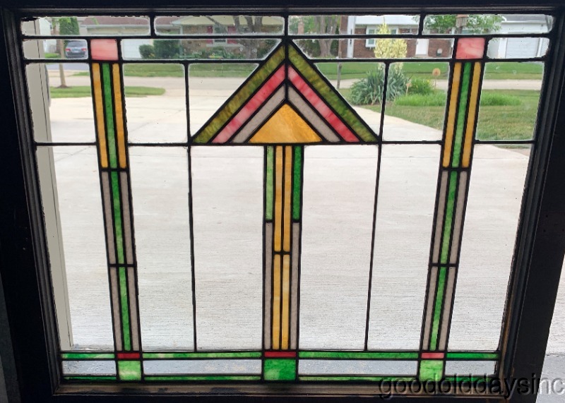 Antique Arts and Crafts Craftsman Style Stained Leaded Glass Window 34" x 19"