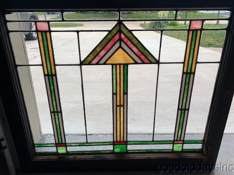 Antique Arts & Crafts Craftsman Style Stained Leaded Glass Window 34" x 19"