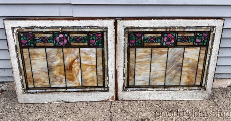 Wow Beautiful Pair of Antique Stained Leaded Glass Transom Windows 28"x23"
