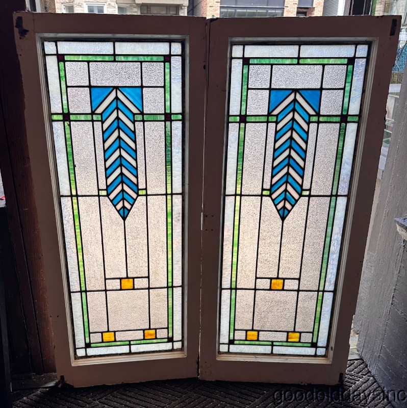 Pair of Antique Chicago Stained Leaded Glass Windows Windows / Doors 41"x18"