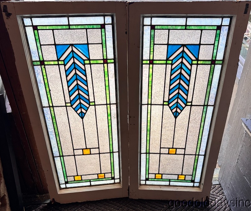 Pair of Antique Chicago Stained Leaded Glass Windows Windows / Doors 41"x18"
