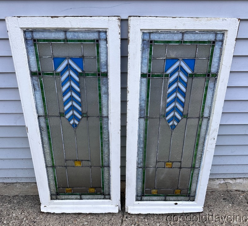Pair of Antique Chicago Stained Leaded Glass Windows Windows / Doors 41"x18"