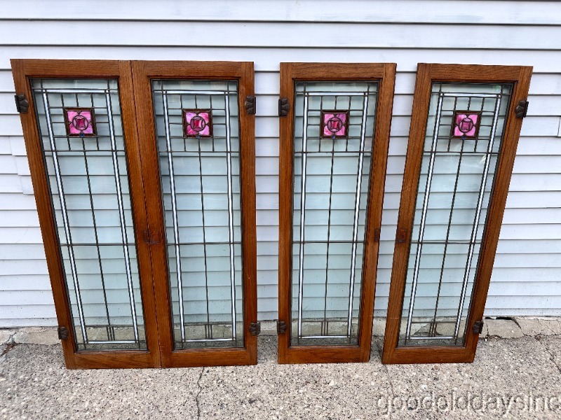 Beautiful Pair of Antique Leaded Glass Windows Oak Bookcase Cabinet Doors