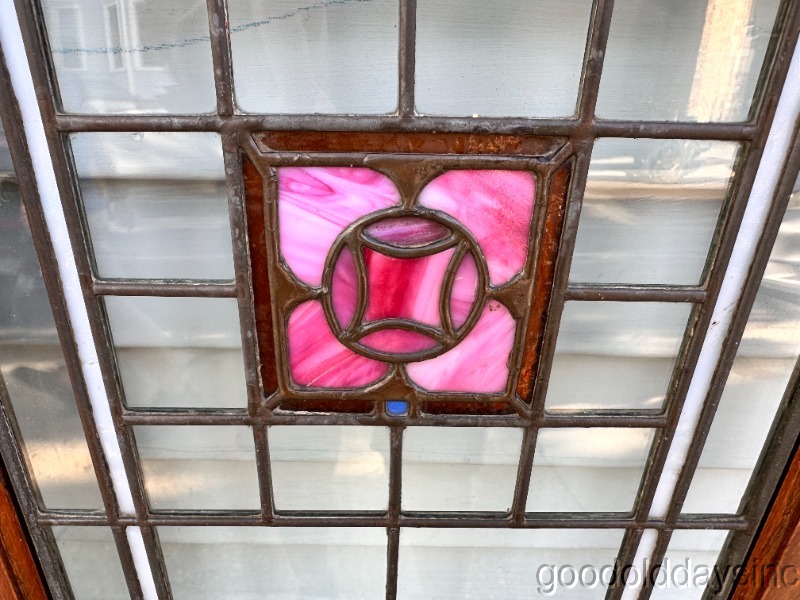 Beautiful Pair of Antique Leaded Glass Windows Oak Bookcase Cabinet Doors