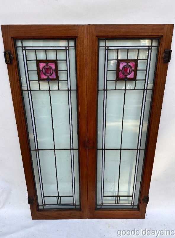 Beautiful Pair of Antique Leaded Glass Windows Oak Bookcase Cabinet Doors