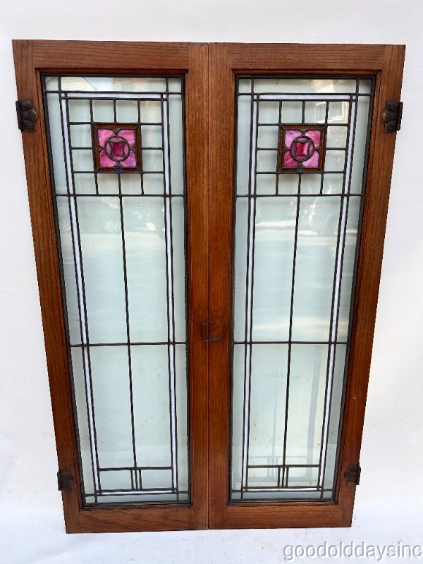 Beautiful Pair of Antique Leaded Glass Windows Oak Bookcase Cabinet Doors