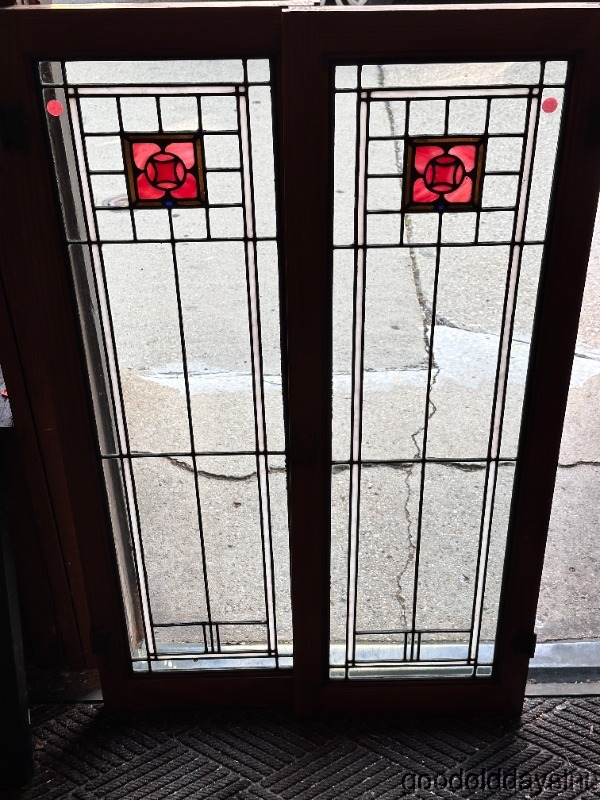 Beautiful Pair of Antique Leaded Glass Windows Oak Bookcase Cabinet Doors