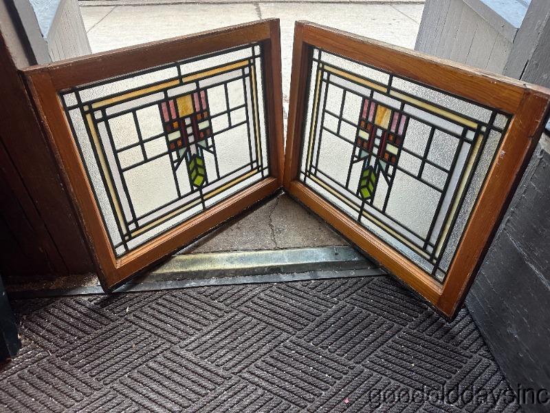 Pair of Antique Style Prairie Style Leaded Glass Windows 1910