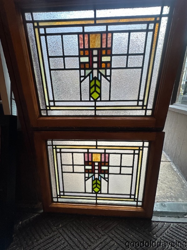 Pair of Antique Style Prairie Style Leaded Glass Windows 1910
