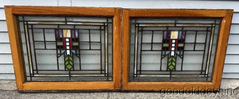 Pair of Antique Style Prairie Style Leaded Glass Windows 1910