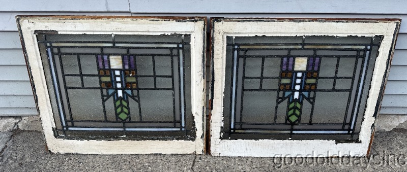 Pair of Antique Style Prairie Style Leaded Glass Windows 1910
