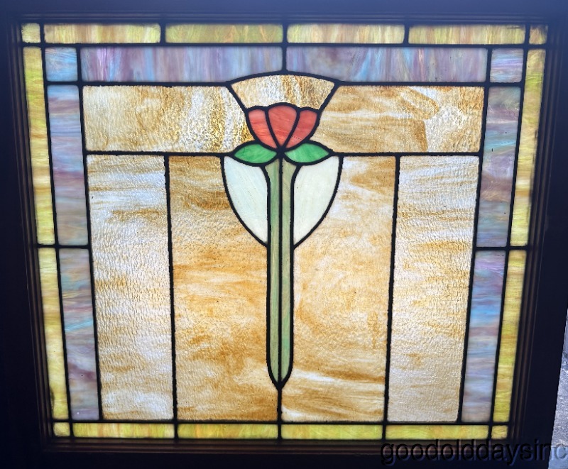 Colorful Antique Chicago Stained Leaded Glass Window Circa 1920 34" x 31"