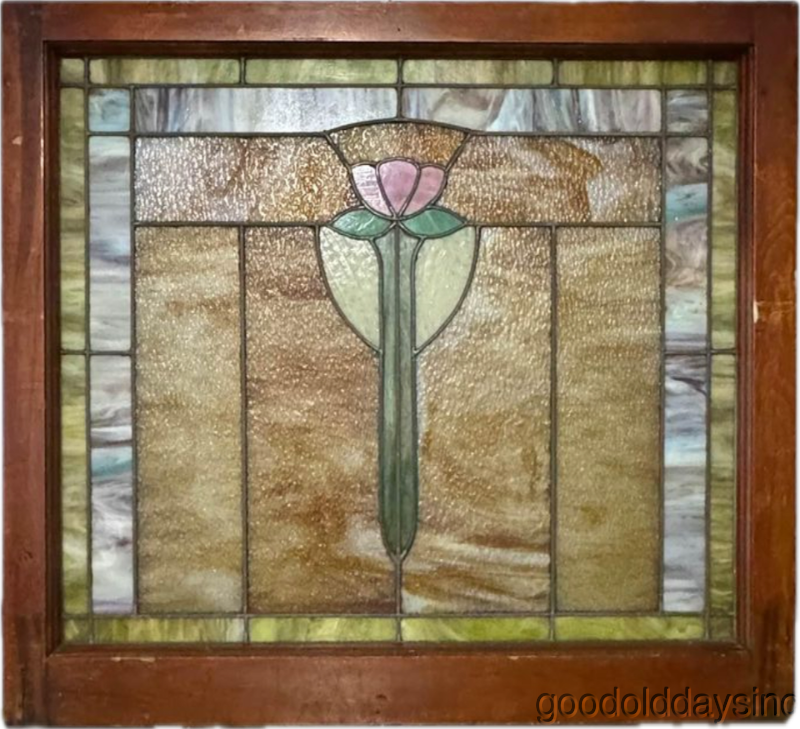 Colorful Antique Chicago Stained Leaded Glass Window Circa 1920 34" x 31"