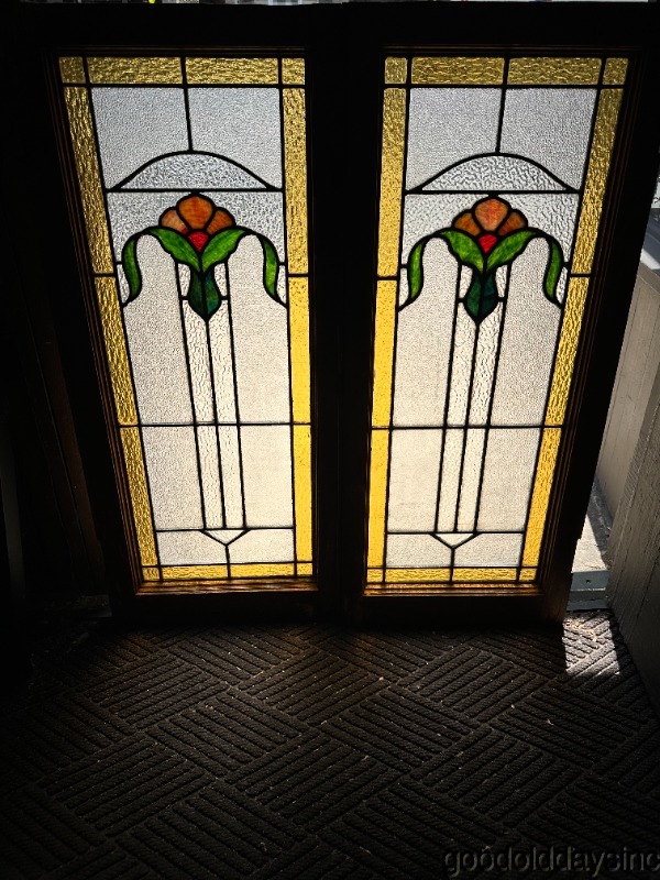 Pair of Antique 1920's Chicago Bungalow Stained Leaded Glass Windows / Door