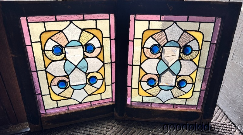 Nice Pair of Antique Victorian-Stained Leaded Glass Beveled Windows Circa. 1890