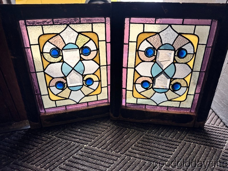 Nice Pair of Antique Victorian-Stained Leaded Glass Beveled Windows Circa. 1890
