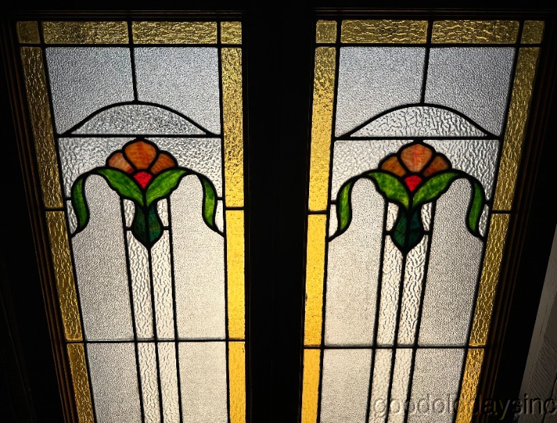 Pair of Antique 1920's Chicago Bungalow Stained Leaded Glass Windows / Door