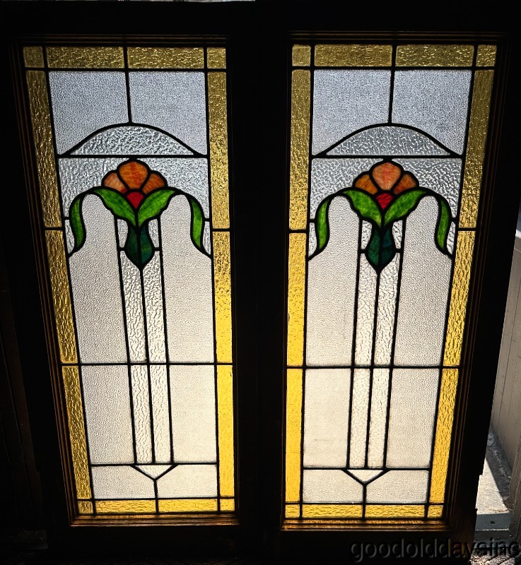 Pair of Antique 1920's Chicago Bungalow Stained Leaded Glass Windows / Door