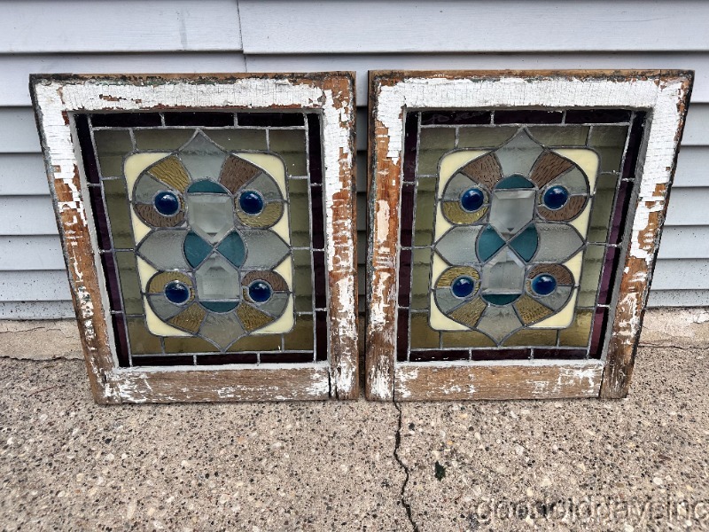 Nice Pair of Antique Victorian-Stained Leaded Glass Beveled Windows Circa. 1890