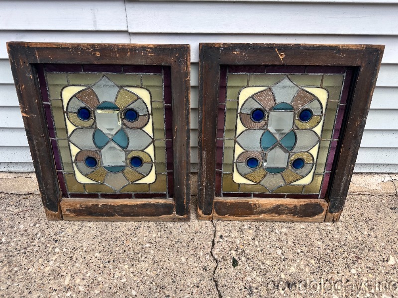 Nice Pair of Antique Victorian-Stained Leaded Glass Beveled Windows Circa. 1890