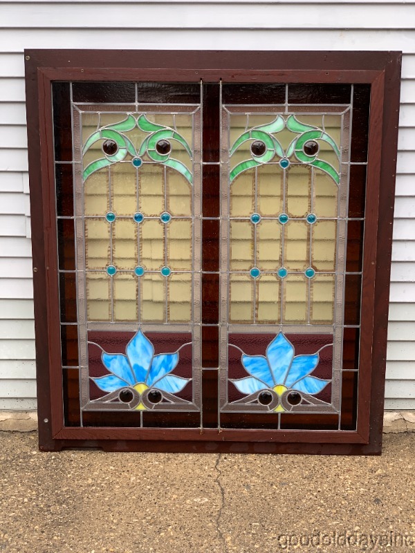 Victorian Style Stained Leaded Glass Window w/ Jewels 53" x 46"