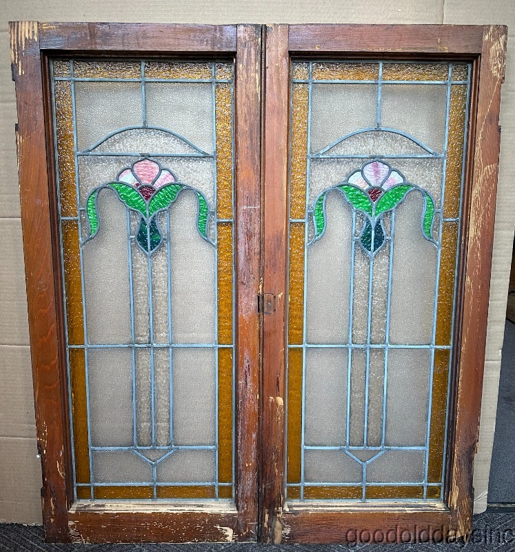 Pair of Antique 1920's Chicago Bungalow Stained Leaded Glass Windows / Door