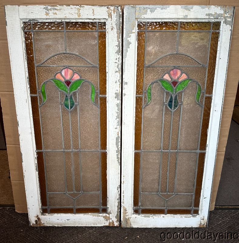 Pair of Antique 1920's Chicago Bungalow Stained Leaded Glass Windows / Door