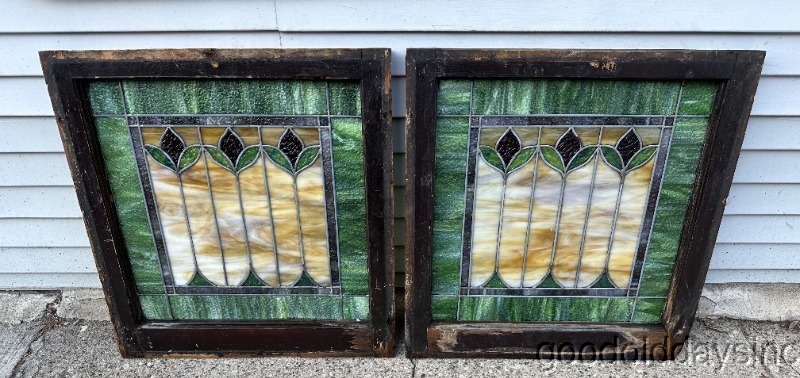 Pair of Antique Stained Leaded Glass Windows Circa 1910 From Chicago 24" x 25"