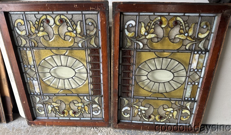 Fantastic Pair of Beveled & Jeweled Victorian Stained Leaded Glass Window