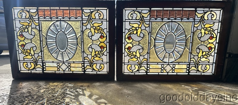 Fantastic Pair of Beveled & Jeweled Victorian Stained Leaded Glass Window