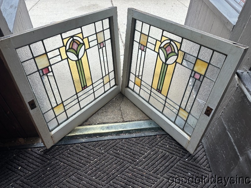 Pair of Antique Stained Leaded Glass Windows from Chicago circa 1920 28"x25"
