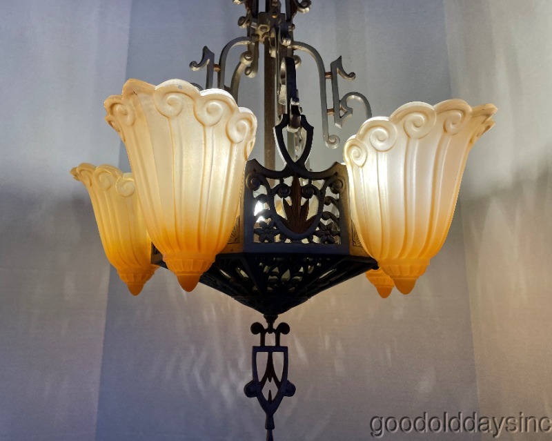 Art Deco Slip Shade Chandelier Lincoln Lighting Company of Chicago Light Fixture
