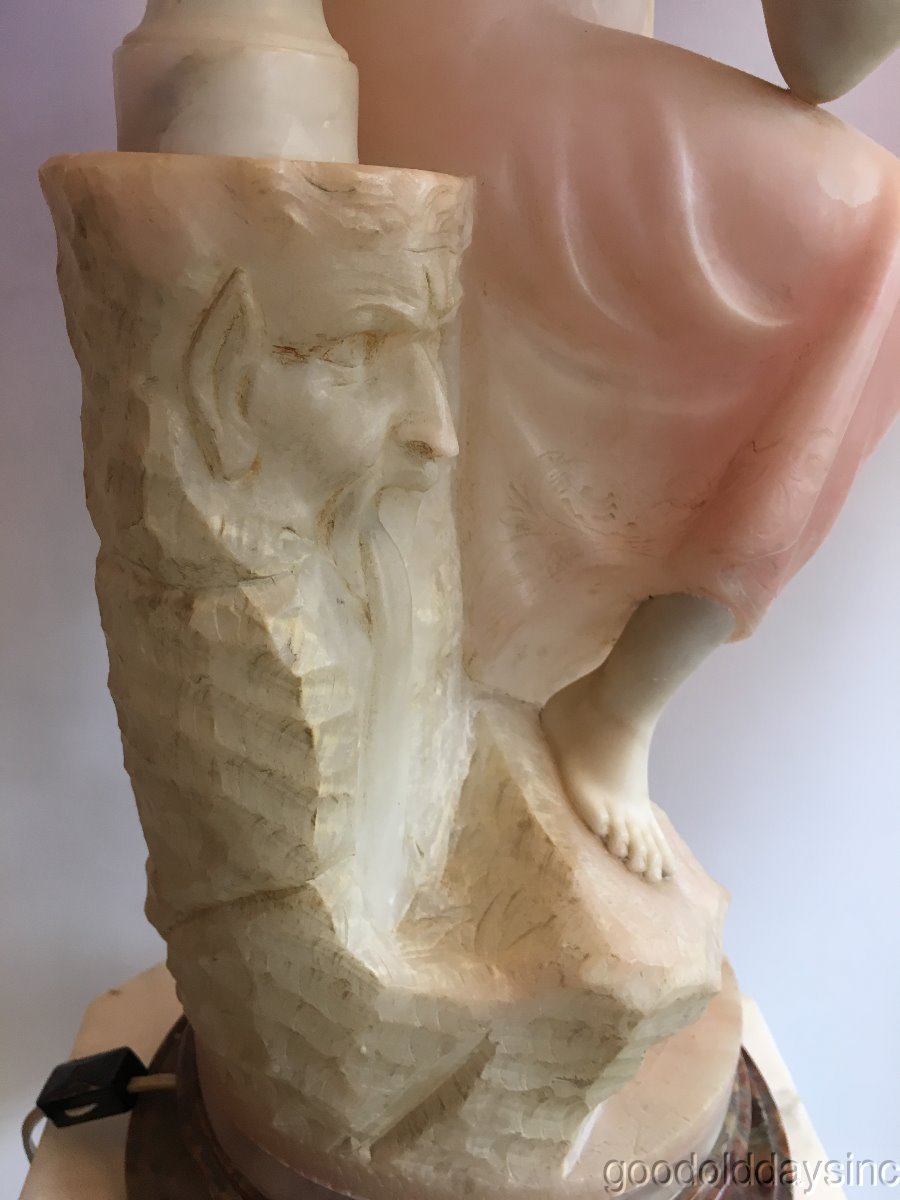 Antique Italian Alabaster Marble Figural Lady Statue w/ Light & Carved Man Face