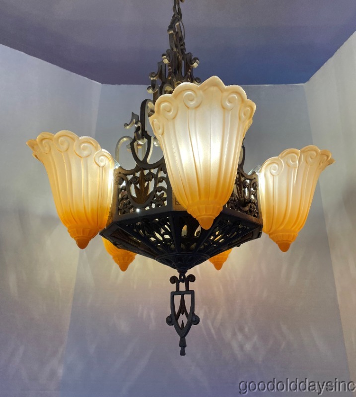 Art Deco Slip Shade Chandelier Lincoln Lighting Company of Chicago Light Fixture