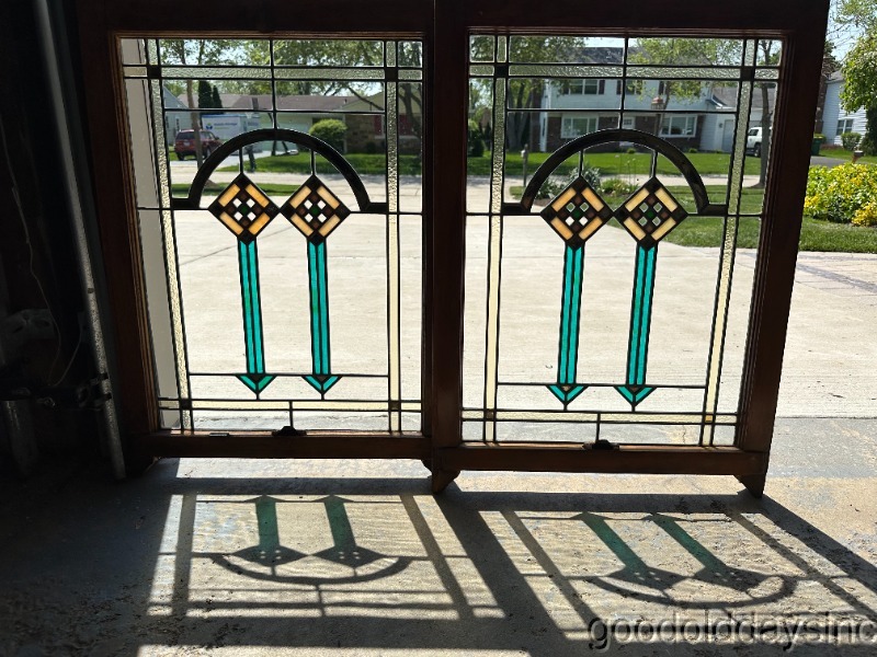 Pair of Antique 1920's Stained Leaded Glass Window 33" x 24"