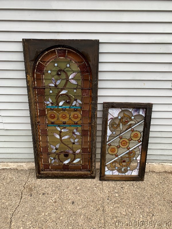 Antique Chicago Victorian Stained Leaded Glass Arched Top Window w/ Jewels