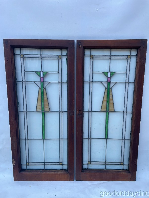 Pair of Arts & Crafts Stained Leaded Glass Windows from Chicago Circa 1910 45" x 20"