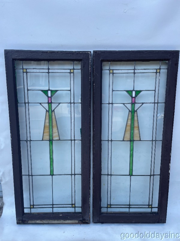 Pair of Arts & Crafts Stained Leaded Glass Windows from Chicago Circa 1910 45" x 20"