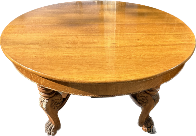 Carved Antique 60" Round Oak Table with 2 leaves